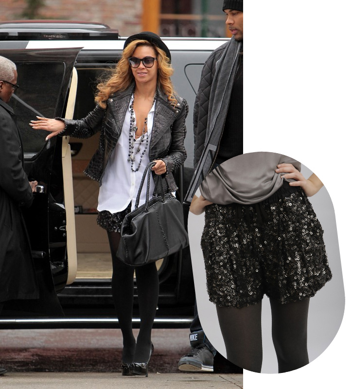 Beyonce was spotted in New York City sporting the sequin shorts with black